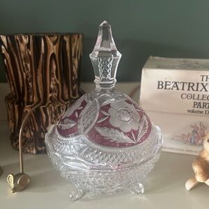 Anna Hutte Bleikristall Lead Crystal Candy Dish Pink Floral Panel Lidded Vintage